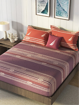 Nautica Purple & Orange Striped Cotton 160 TC King Bedsheet With 2 Pillow Covers - Distacart