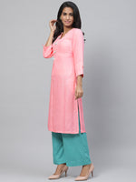 Thumbnail for Biba Women Pink & Silver Checked Straight Kurta - Distacart