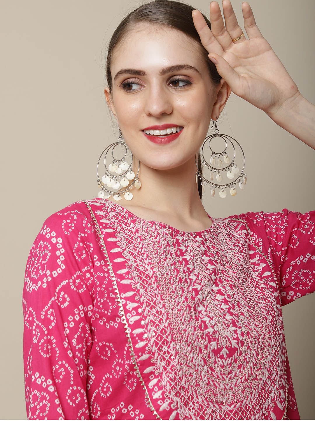 Sangria Women Pink & White Bandhani Printed Thread Work Kurta - Distacart
