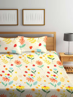 Thumbnail for KLOTTHE White & Yellow Printed 300 TC Double King Fitted Bedsheet With 2 Pillow Covers - Distacart