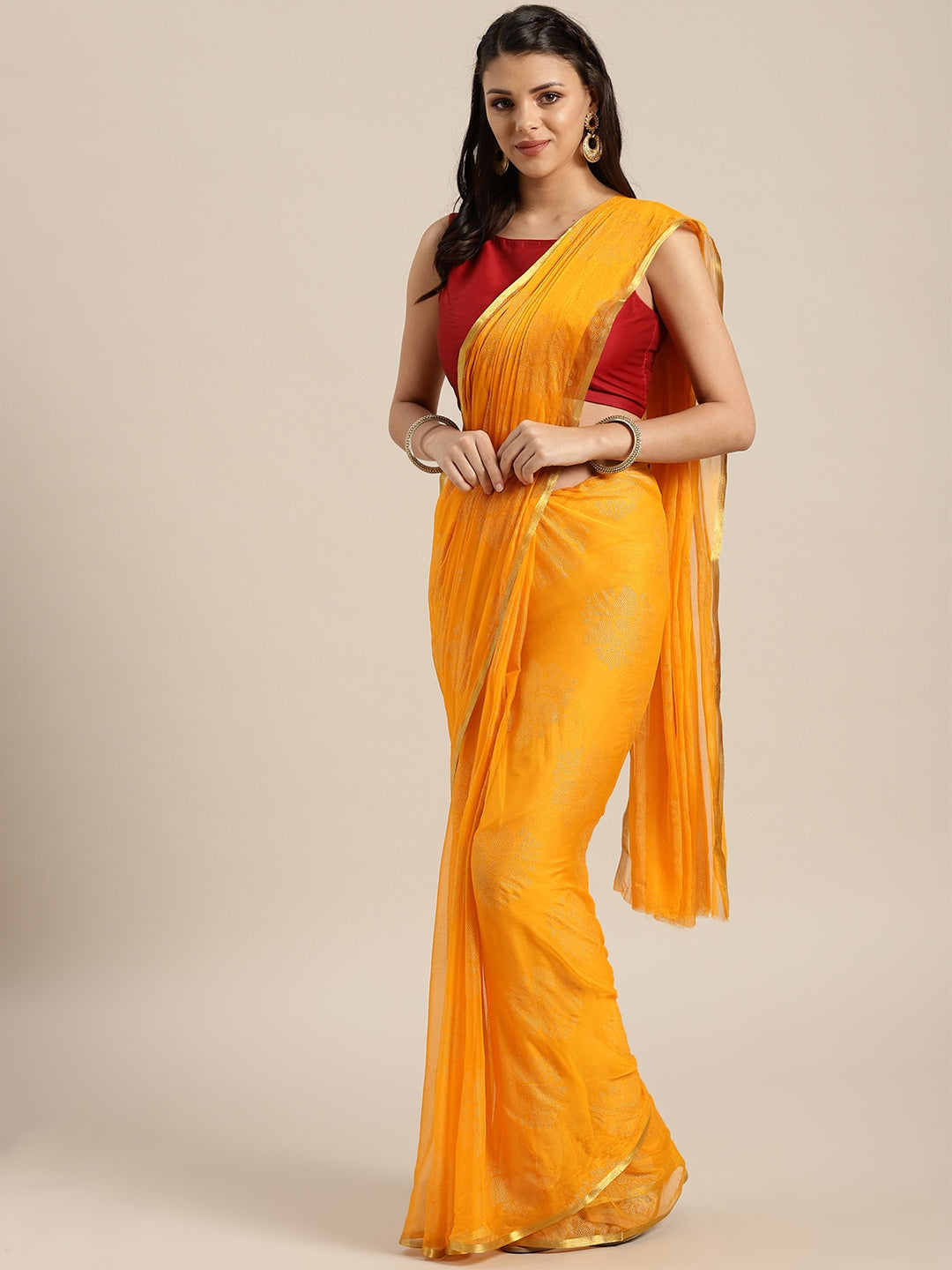Saree Mall Mustard Yellow & Gold Printed Saree - Distacart