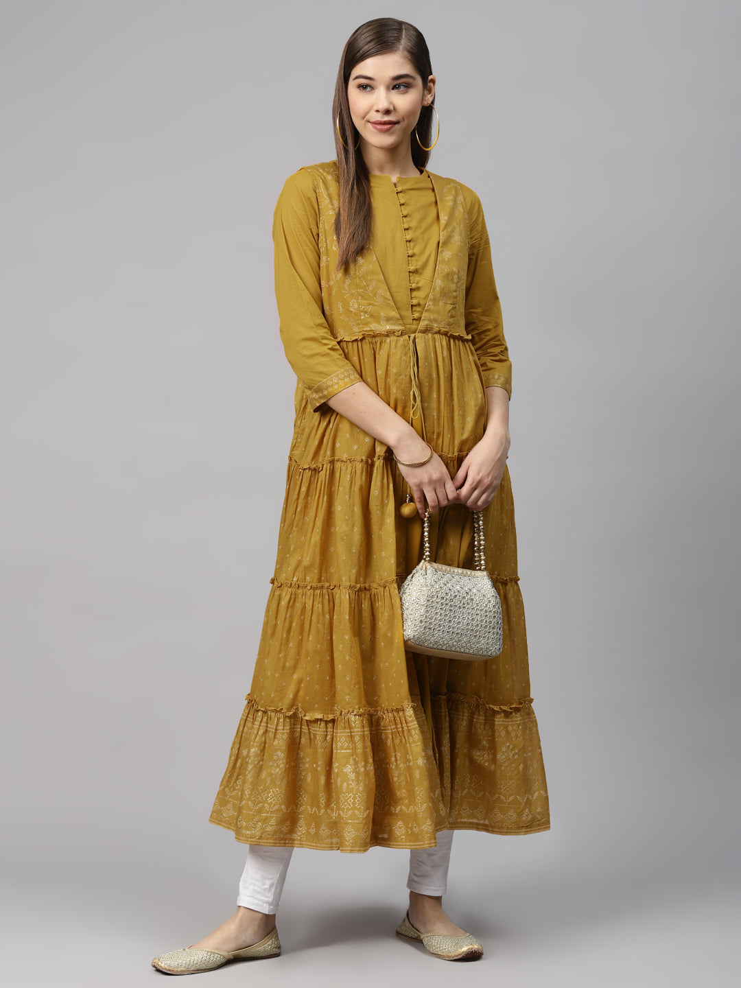 Biba Women Mustard Brown & Golden Printed Layered Anarkali Kurta - Distacart