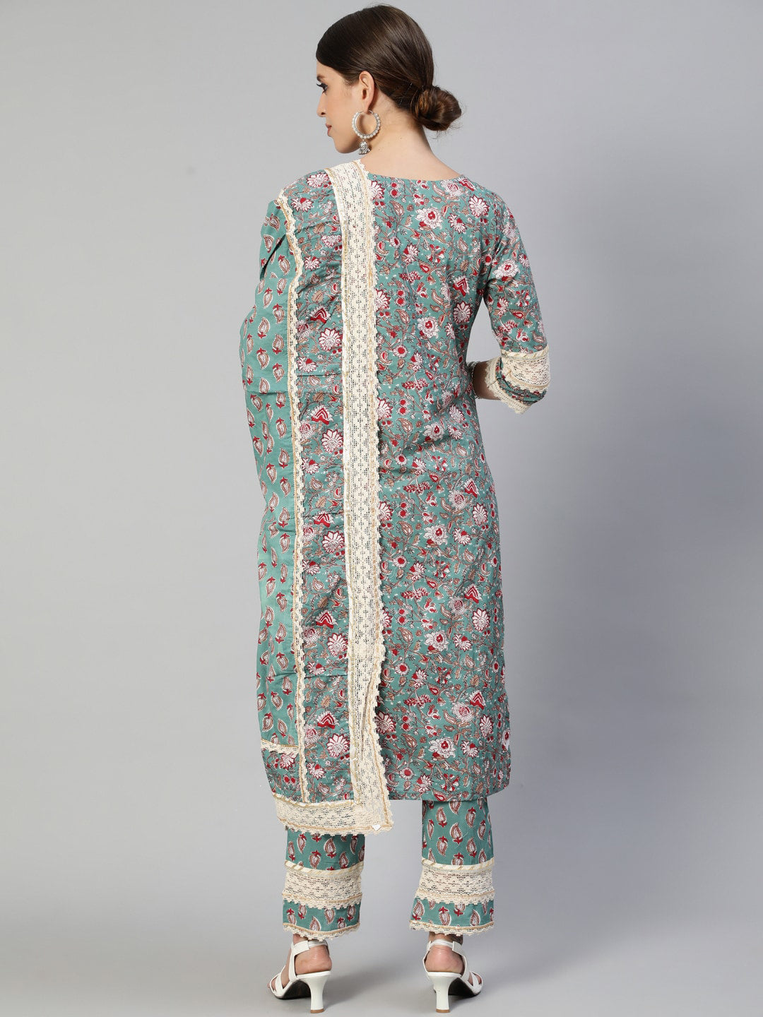 Ishin Women Green Ethnic Motifs Pleated Pure Cotton Kurti with Trousers & Dupatta - Distacart