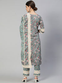 Thumbnail for Ishin Women Green Ethnic Motifs Pleated Pure Cotton Kurti with Trousers & Dupatta - Distacart