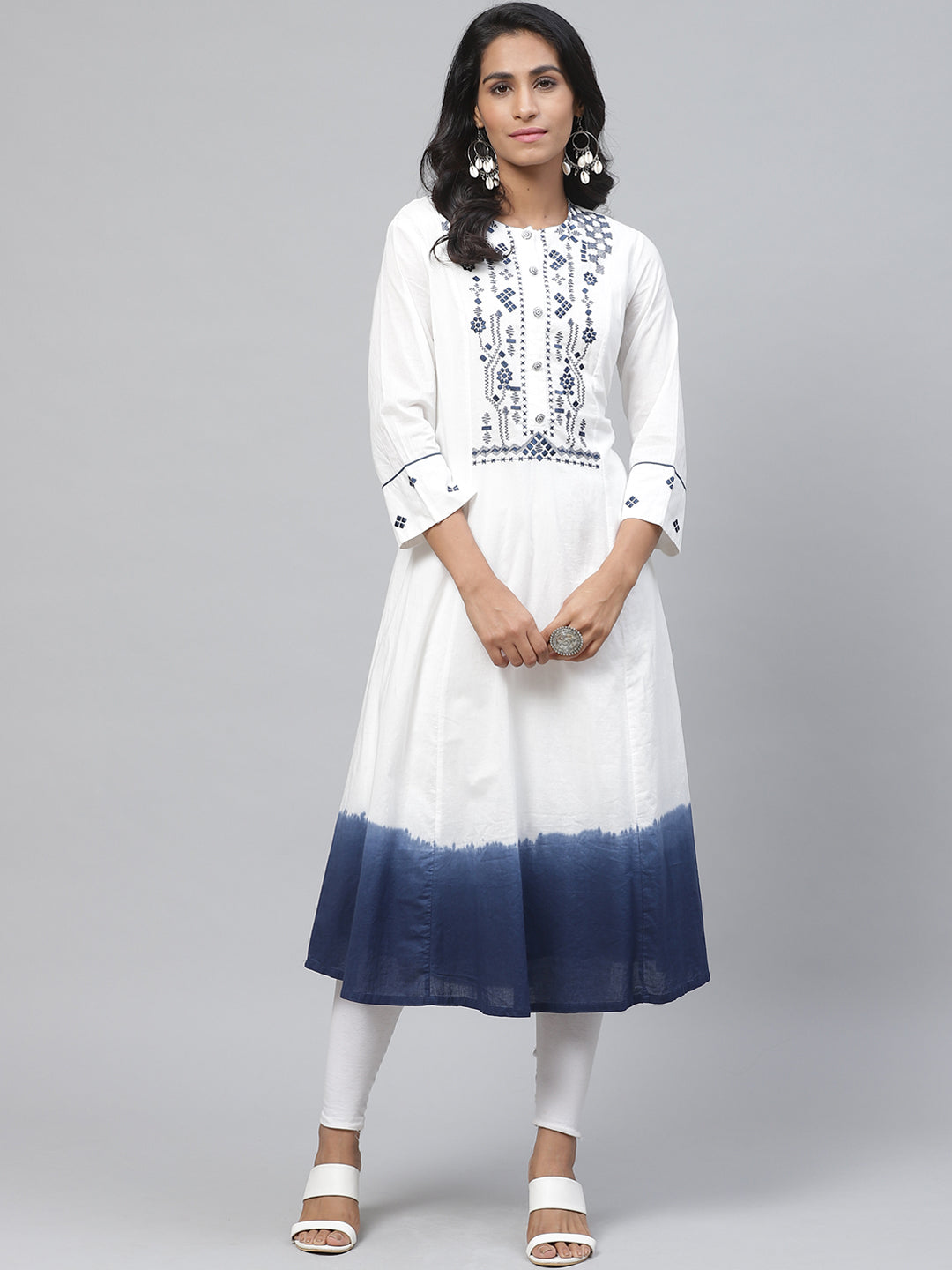Biba Women White & Navy Blue Yoke Design Dyed A-Line Kurta - Distacart