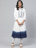 Thumbnail for Biba Women White & Navy Blue Yoke Design Dyed A-Line Kurta - Distacart