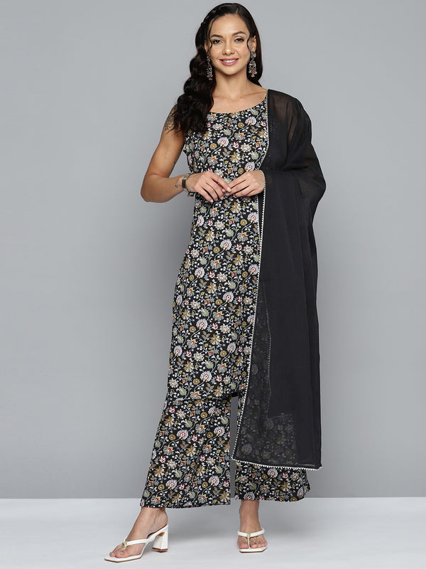 HERE&NOW Women Floral Printed Regular Pure Cotton Kurta with Palazzos & Dupatta - Distacart