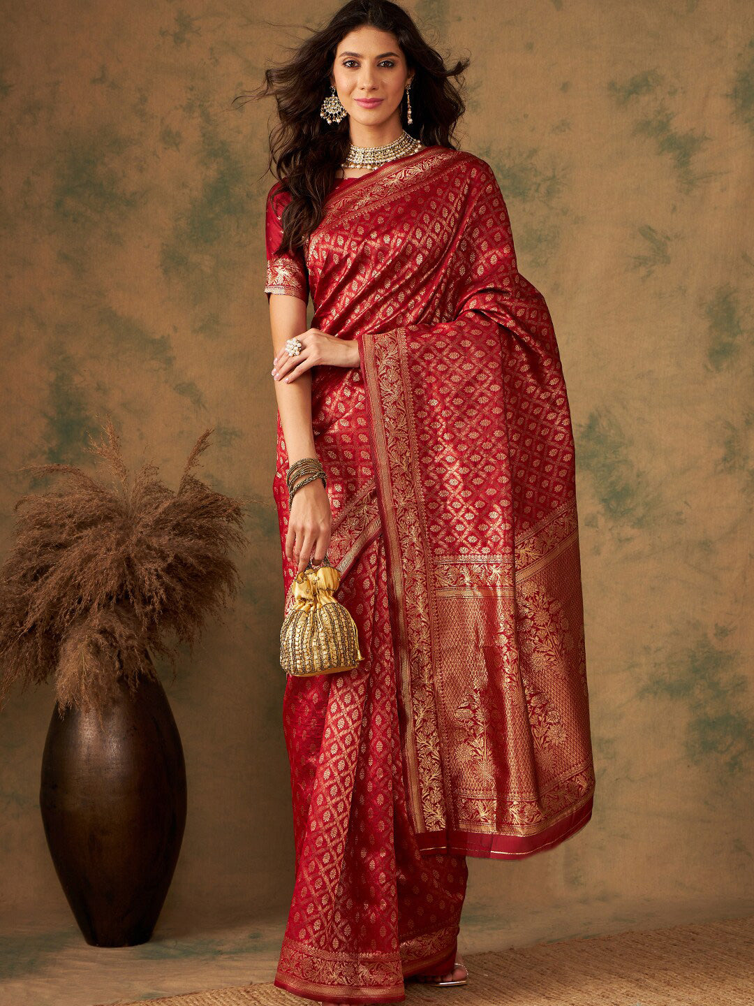 Sangria Red & Gold Toned Ethnic Motifs Woven Design Zari Banarasi Saree - Distacart