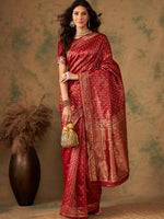 Thumbnail for Sangria Red & Gold Toned Ethnic Motifs Woven Design Zari Banarasi Saree - Distacart