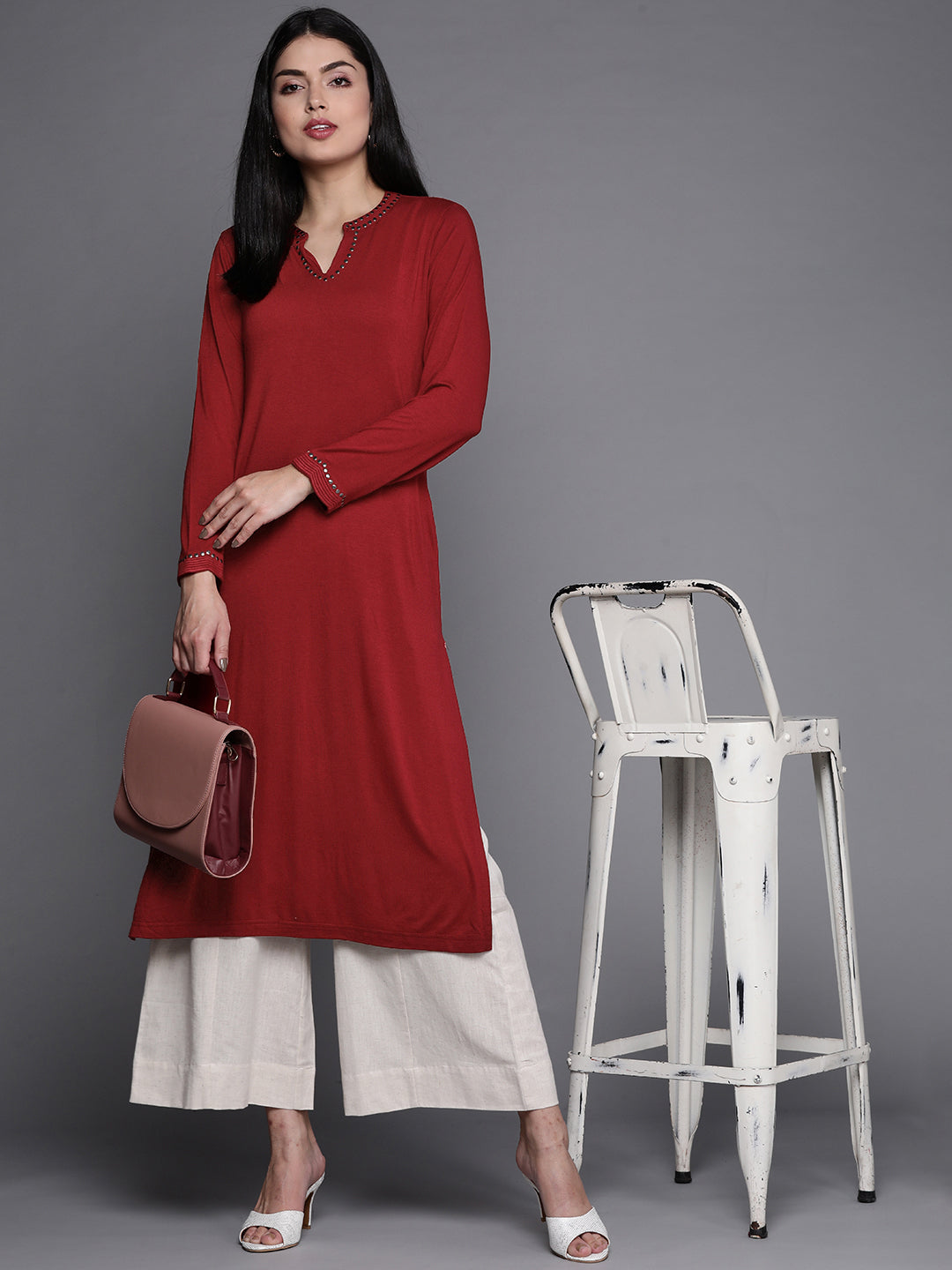 Biba Women Maroon Studded Yoke Design Knitted Winter Straight Kurta - Distacart