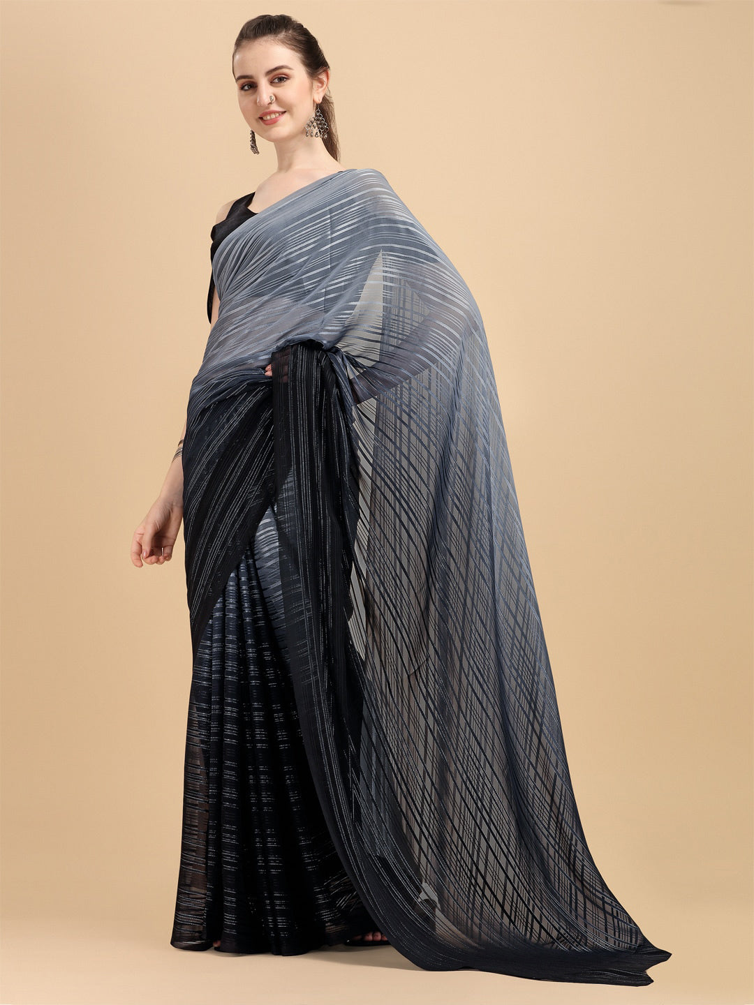 Kalini Black Women Georgette Striped Printed Saree With Blouse Piece - Distacart