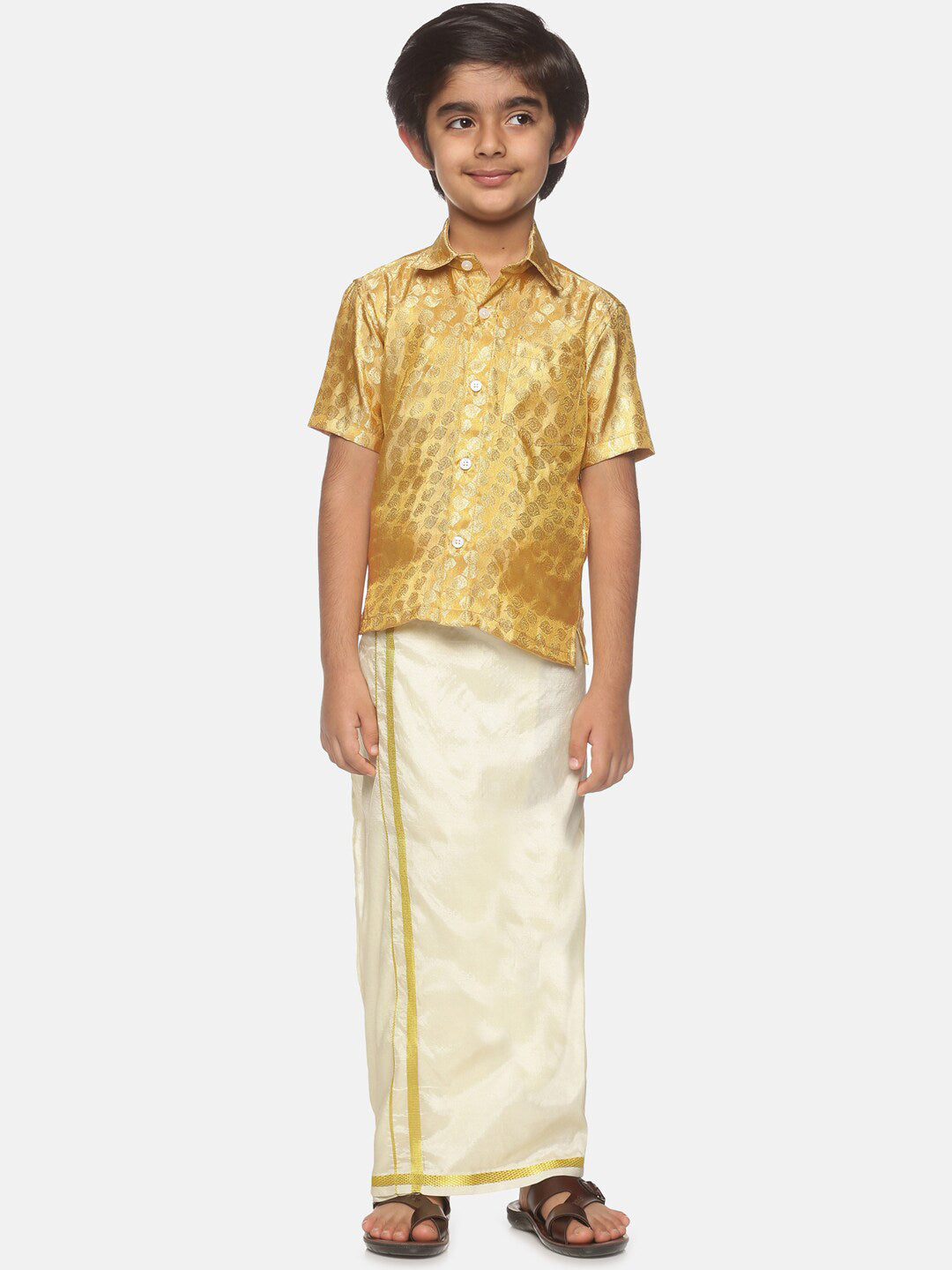 Sethukrishna Boys Gold-Toned Self Design Shirt with Dhoti - Distacart