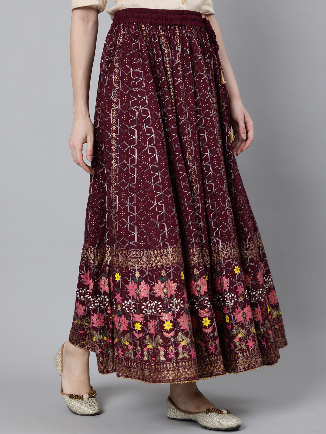 Jaipur Kurti Women Burgundy & Pink Printed Maxi Flared Maxi Skirt - Distacart