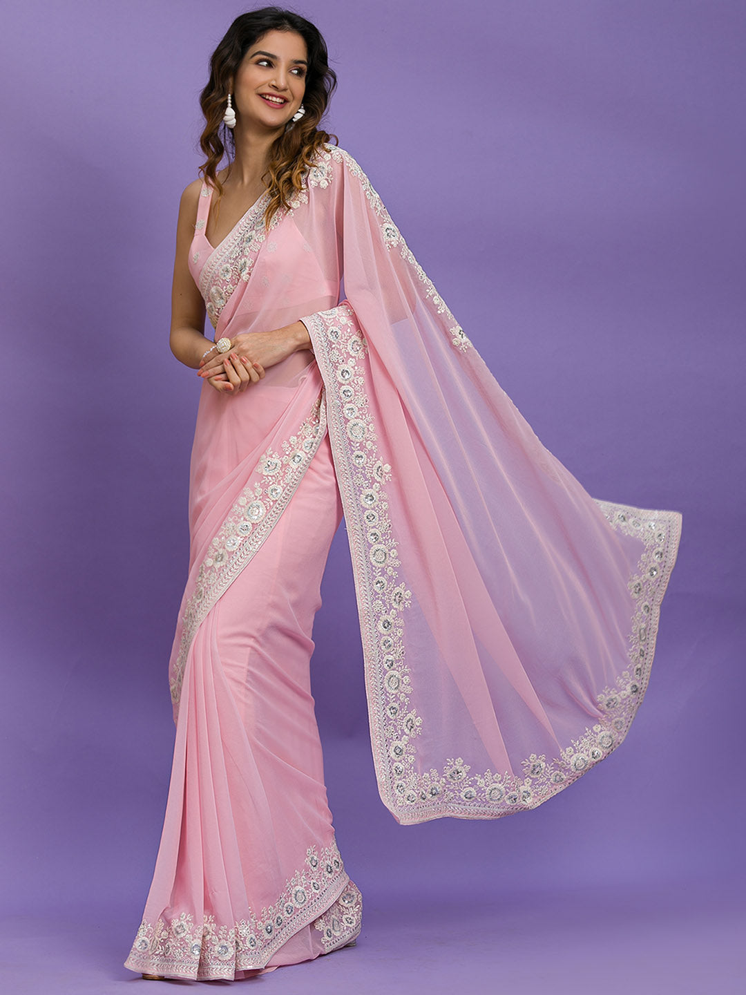 Koskii Embroidered Sequinned Poly Georgette Saree - Distacart