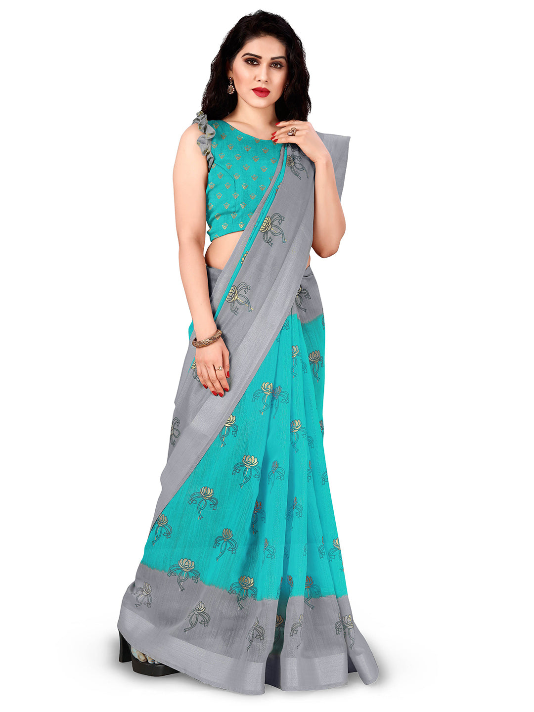 Kalini Turquoise Blue & Grey Floral Printed Designer Saree - Distacart
