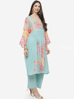 Thumbnail for Biba Women Blue Floral Printed Empire Pure Cotton Kurta with Trousers - Distacart