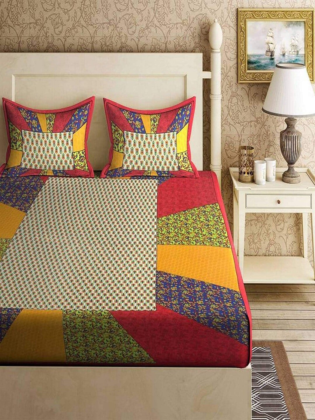 UNIQCHOICE Yellow & Red Ethnic Motifs Pure Cotton 120 TC Queen Bedsheet & 2 Pillow Covers - Distacart
