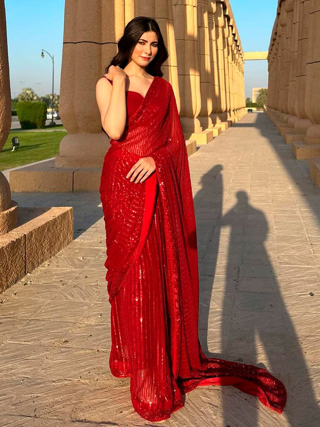 Sangria Red Embellished Pure Georgette Saree - Distacart