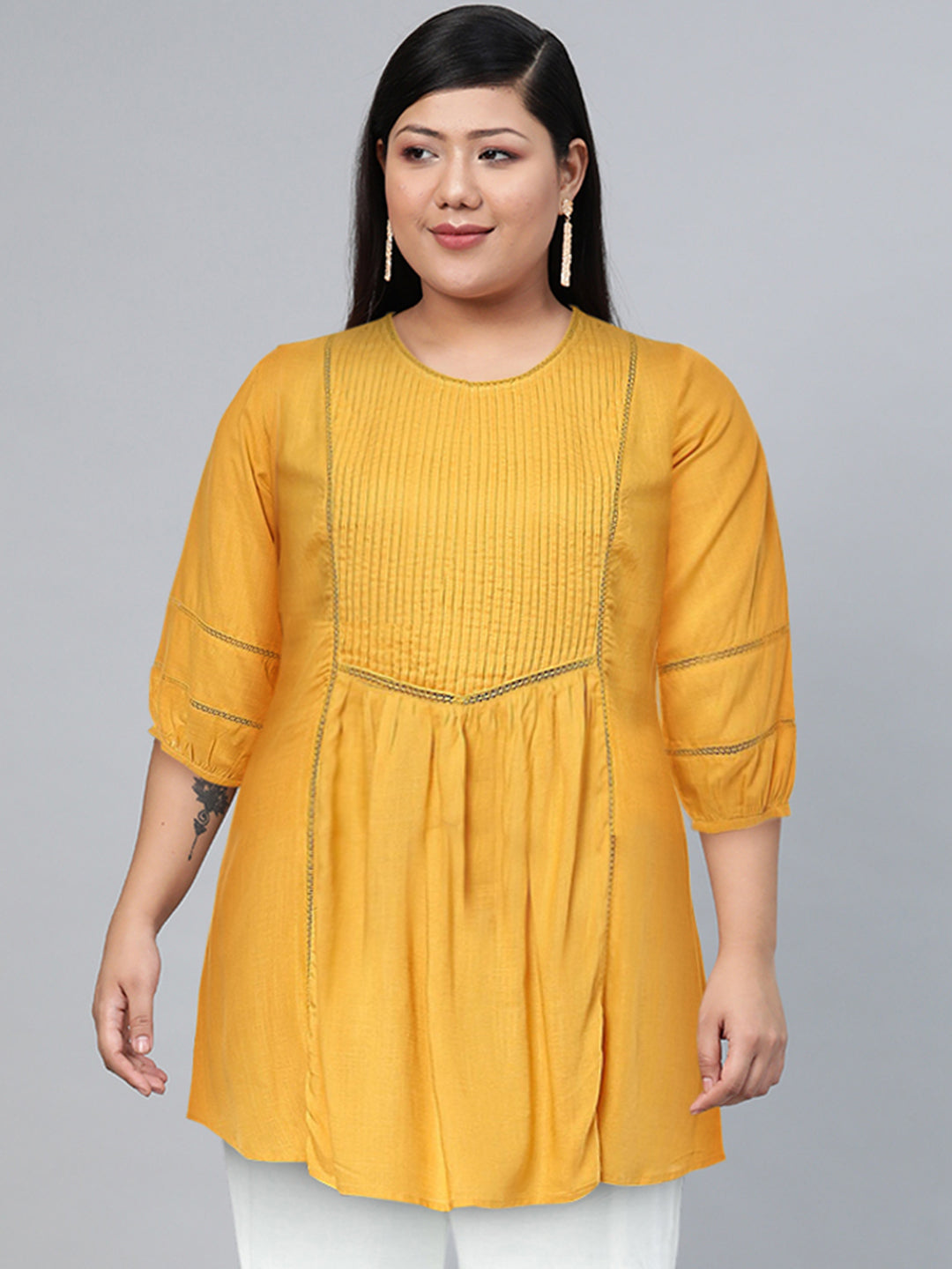 Biba Women Yellow Pleated And Panelled Puff Sleeves Kurti - Distacart