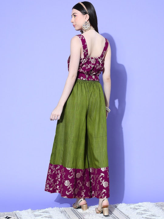 InWeave Women's Wine Brocade Strappy Top W Olive Wine Brocade Palazzo Set - Distacart