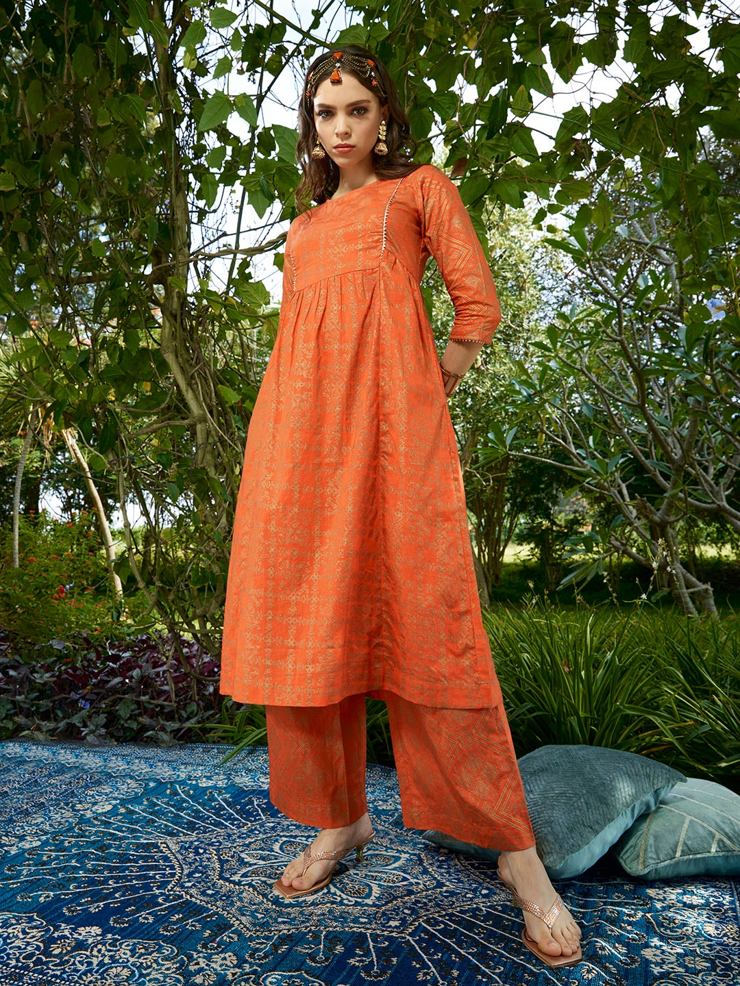 Sangria Women Orange and Golden Ethnic Printed Pure Cotton Kurta with Palazzos - Distacart