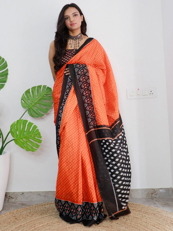 Saree Mall Orange & Black Ethnic Motifs Printed Pure Cotton Sarees - Distacart