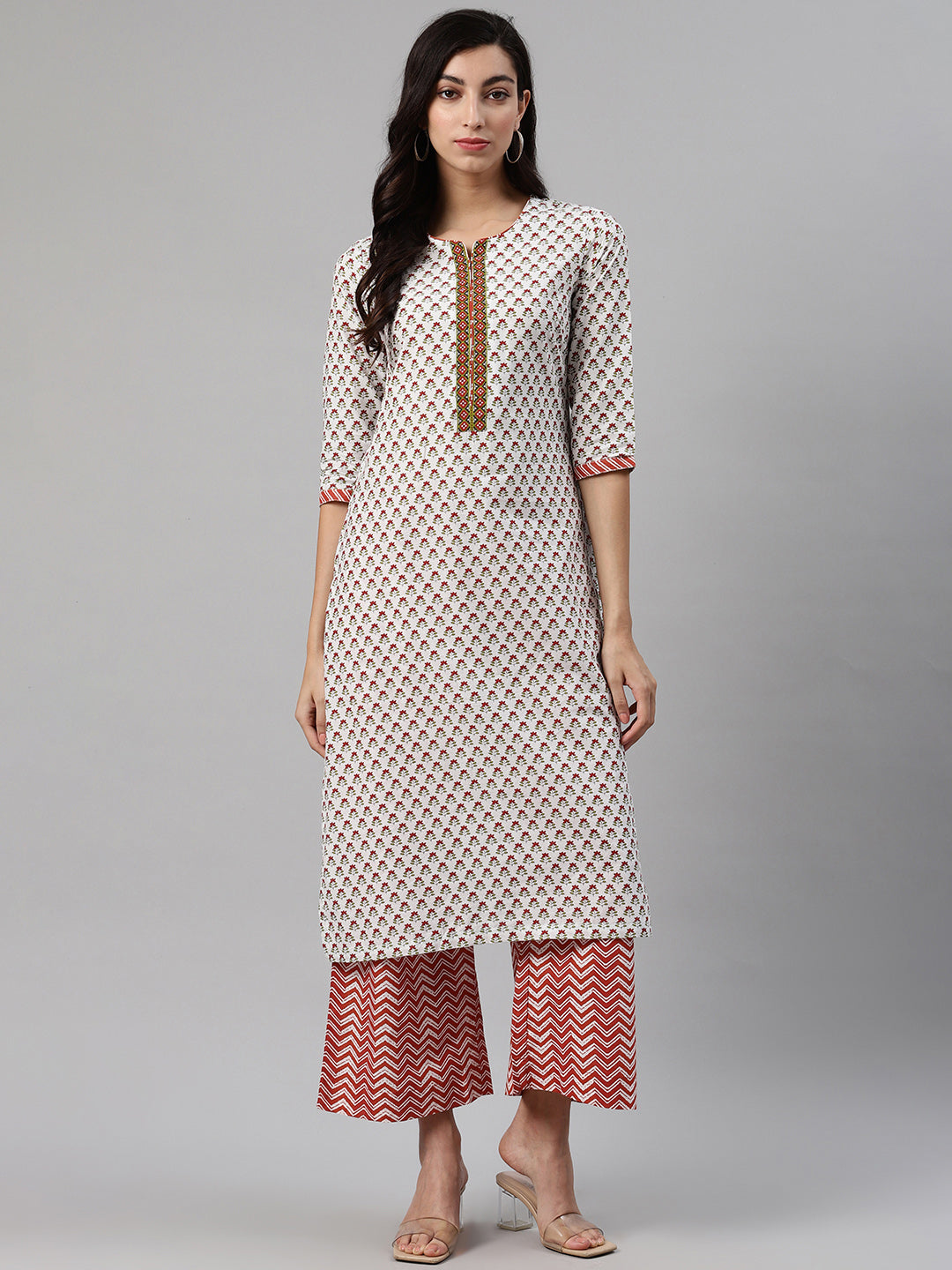 Biba Women White & Maroon Printed Kurta with Palazzos - Distacart