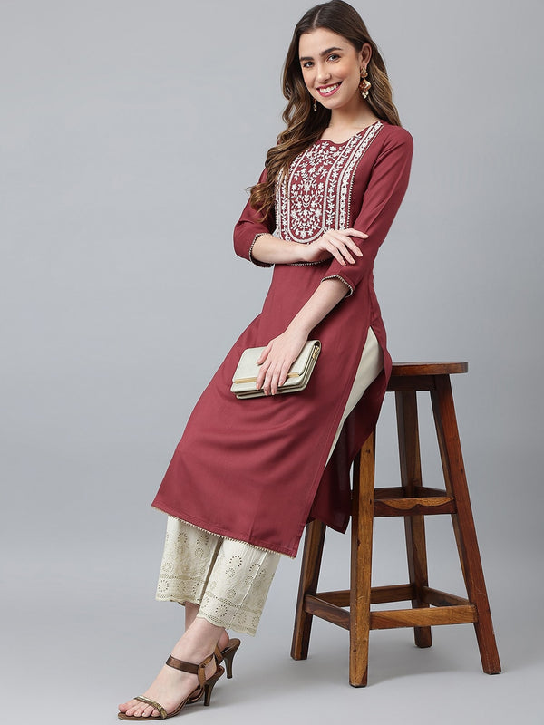 Khushal K Women Burgundy Yoke Design Kurta - Distacart