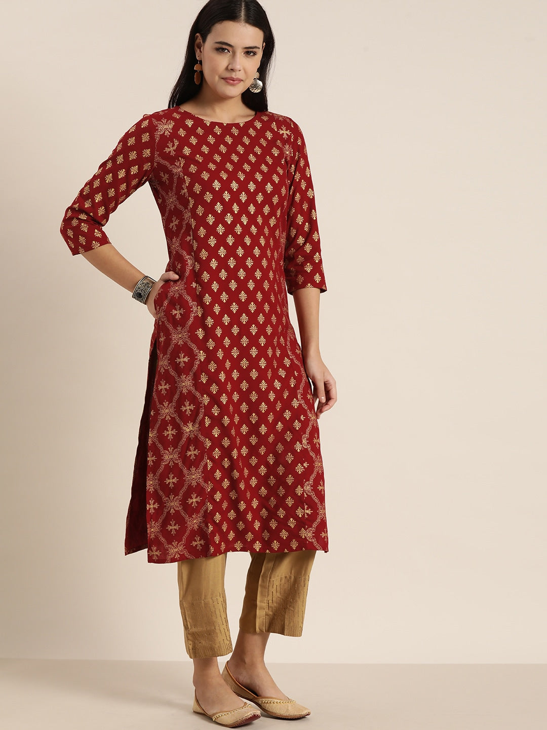 Sangria Women Maroon & Gold-Toned Ethnic Motifs Printed Kurta - Distacart