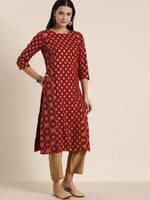 Thumbnail for Sangria Women Maroon & Gold-Toned Ethnic Motifs Printed Kurta - Distacart