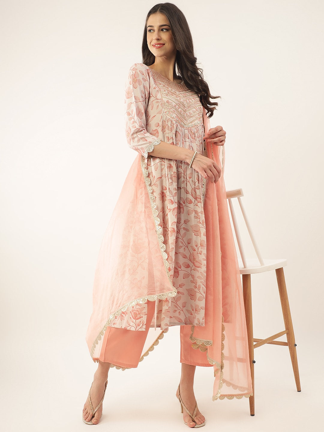 Khushal K Floral Printed Thread Work Sequined Kurta with Palazzos & Dupatta - Distacart