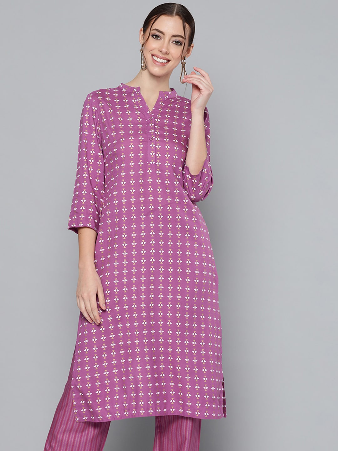 HERE&NOW Women Purple Printed Regular Kurta with Palazzos - Distacart