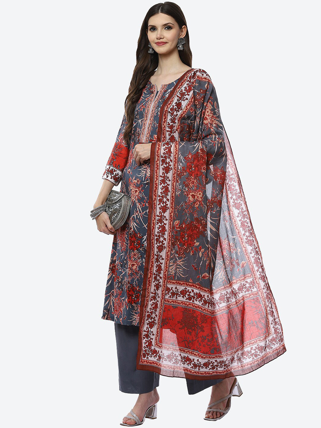 Biba Women Grey Floral Printed Kurta with Trousers & With Dupatta - Distacart