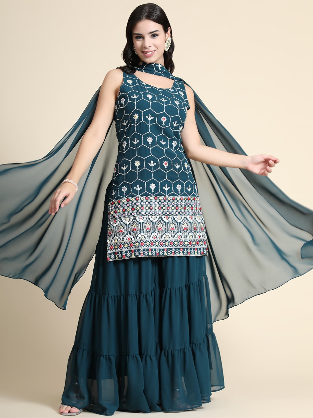 Kalini Women Teal Floral Embroidered Kurta with Sharara & Dupatta - Distacart
