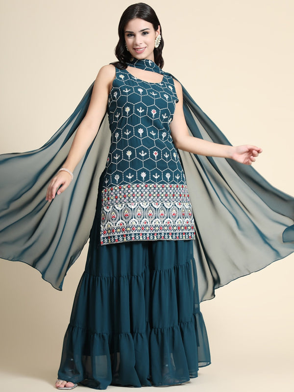 Kalini Women Teal Floral Embroidered Kurta with Sharara & Dupatta - Distacart