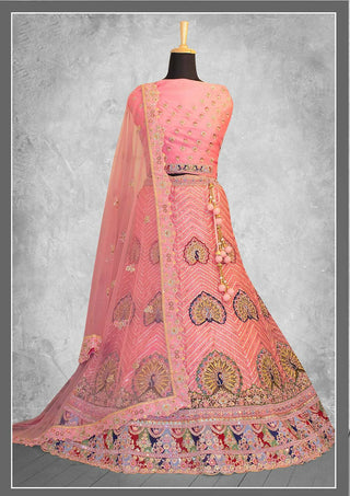 Peach Georgette Embroidery & Thread Work Bridal lahenga Choli with Dupatta - Nimaya Pavitra Rista - Distacart