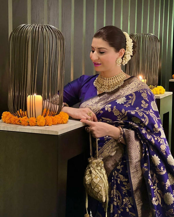 DEIANA'S Beautiful Golden Jari with New Design Soft Lichi Silk Saree - Blue - Distacart