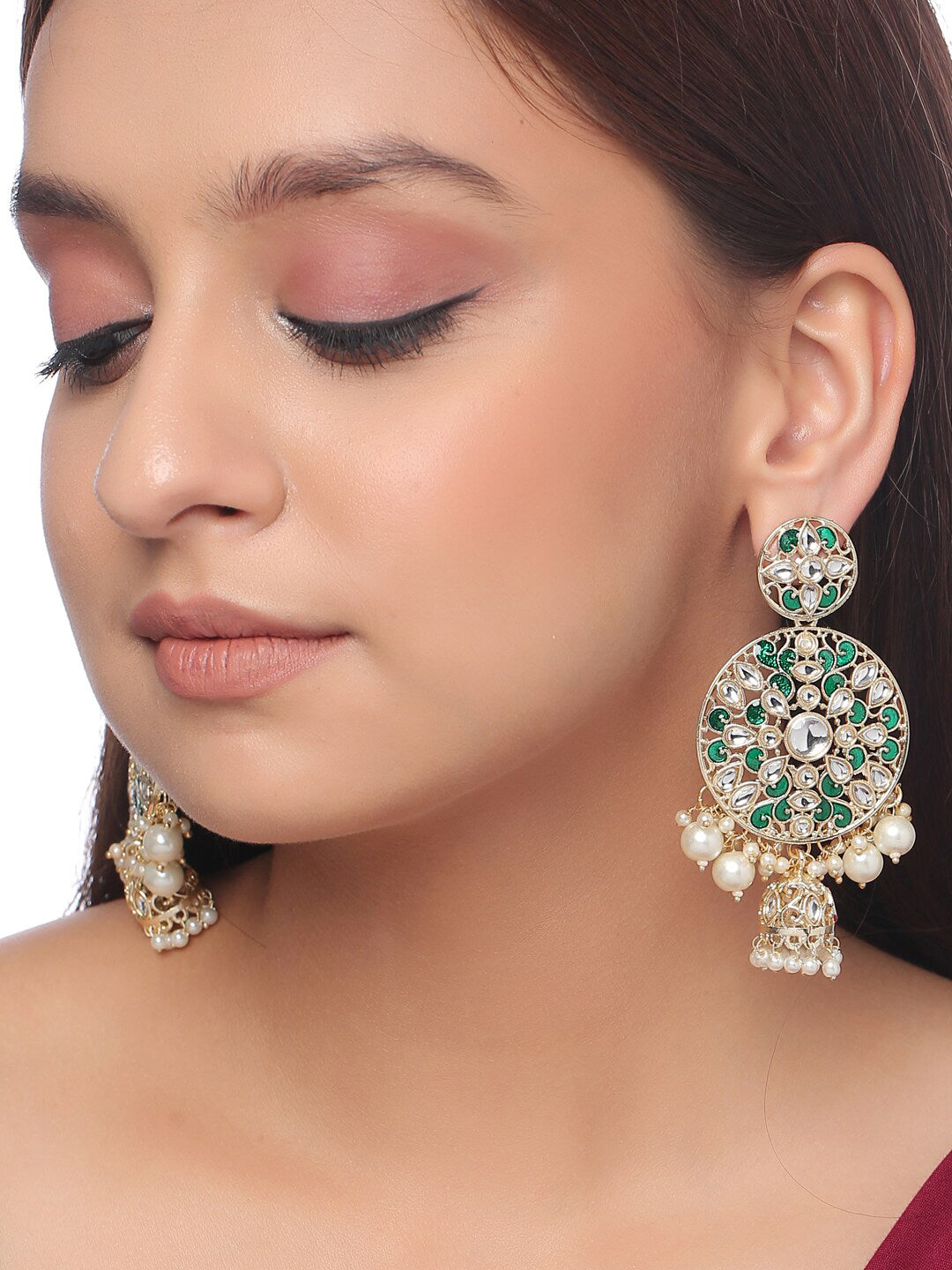 Shoshaa Green & Gold-Plated Kundan Studded Contemporary Jhumkas Earrings - Distacart