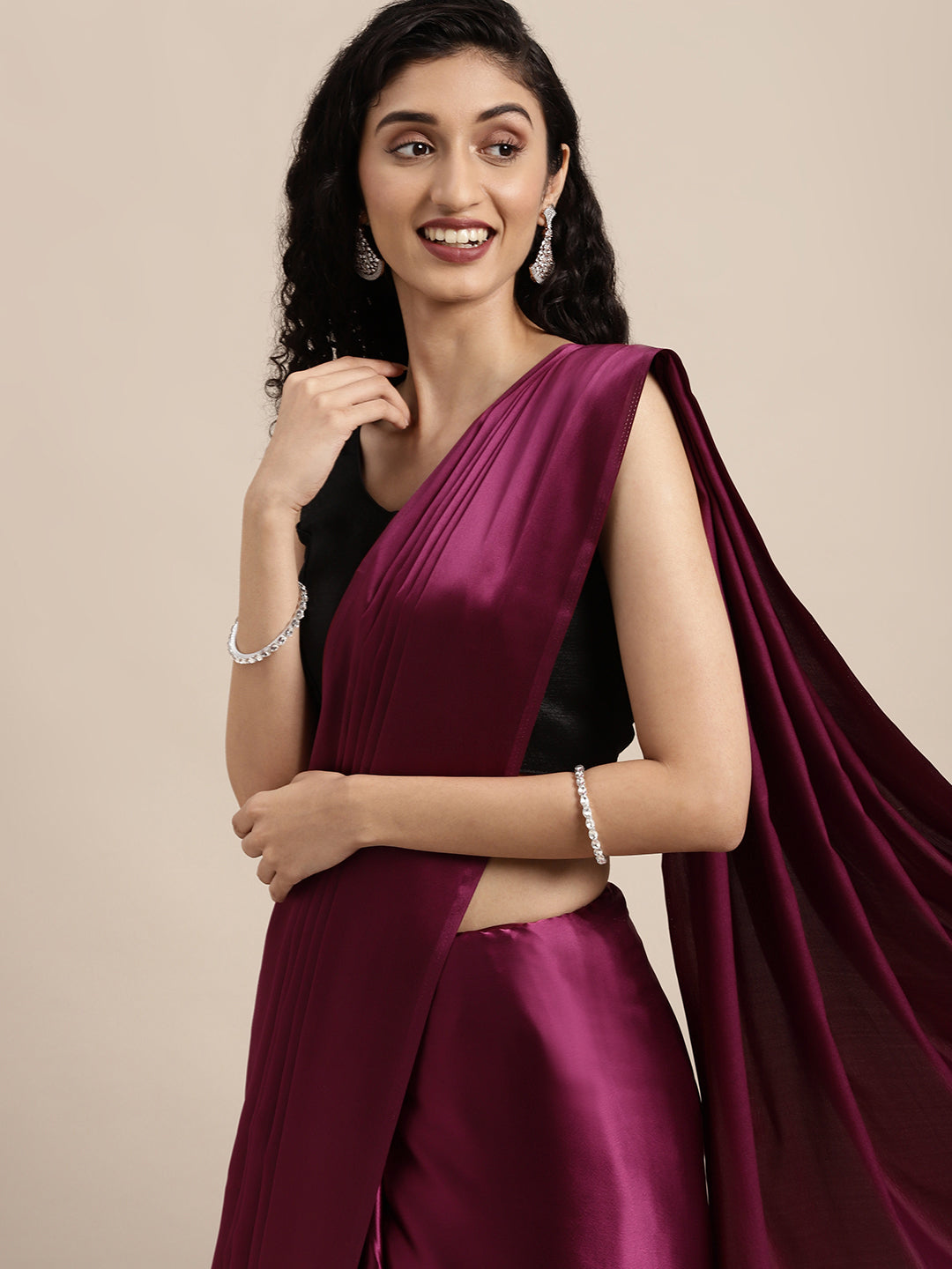 Mitera Burgundy Solid Satin Saree - Distacart