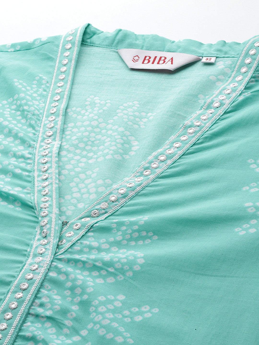 Biba Women Bandhani Printed Regular Mirror Work Pure Cotton Kurta with Trousers & Dupatta - Distacart