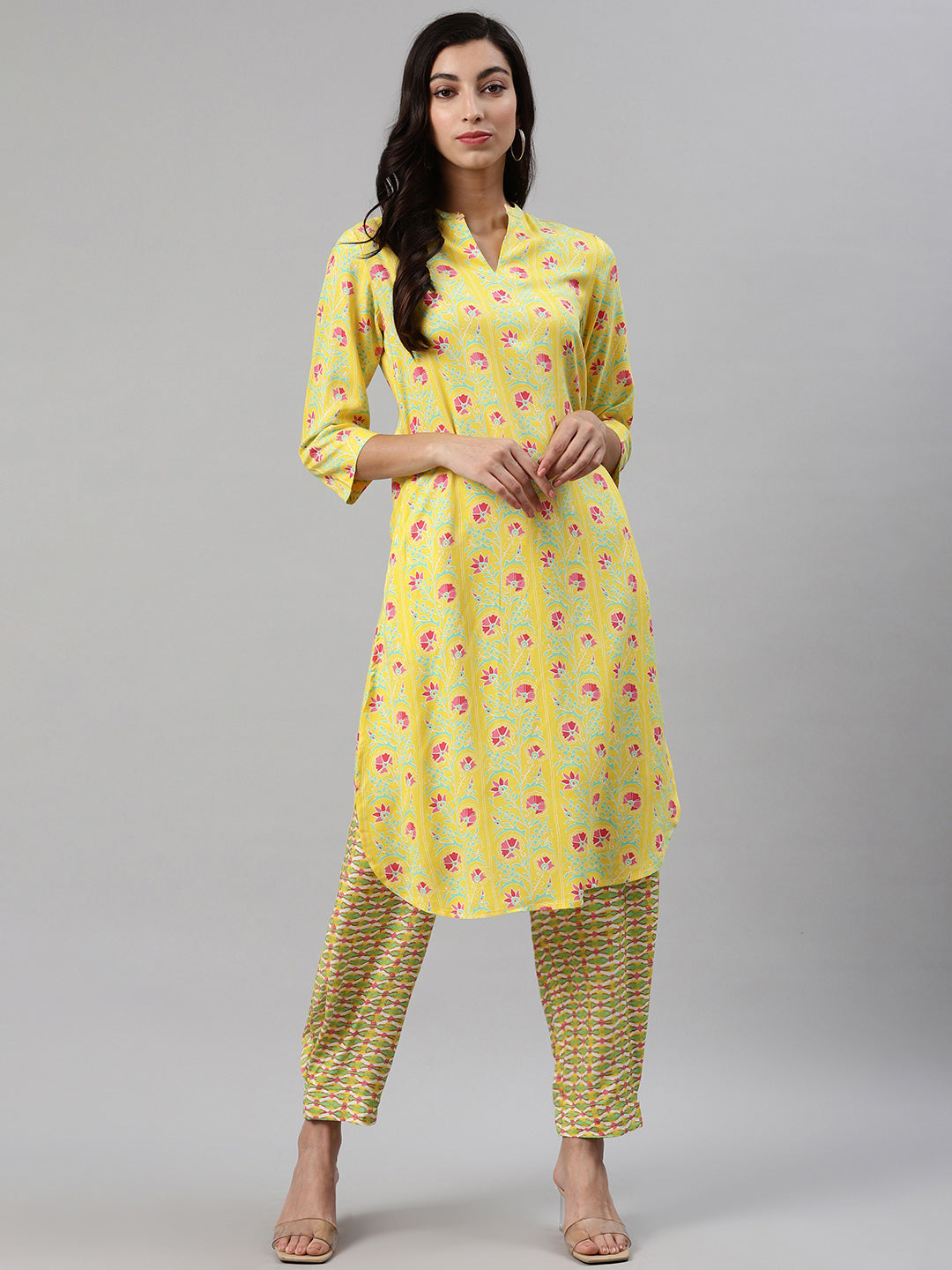 Biba Women Yellow & Pink Printed Kurta with Trousers - Distacart