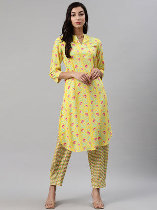 Biba Women Yellow & Pink Printed Kurta with Trousers - Distacart