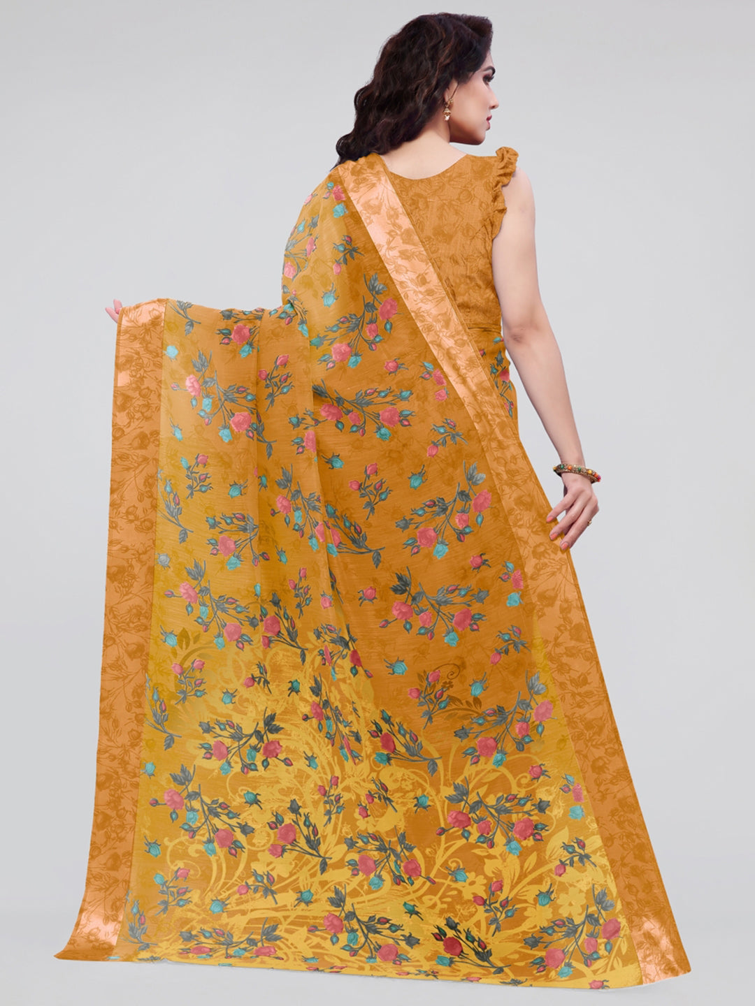 Kalini Mustard & Blue Floral Bagh Saree - Distacart