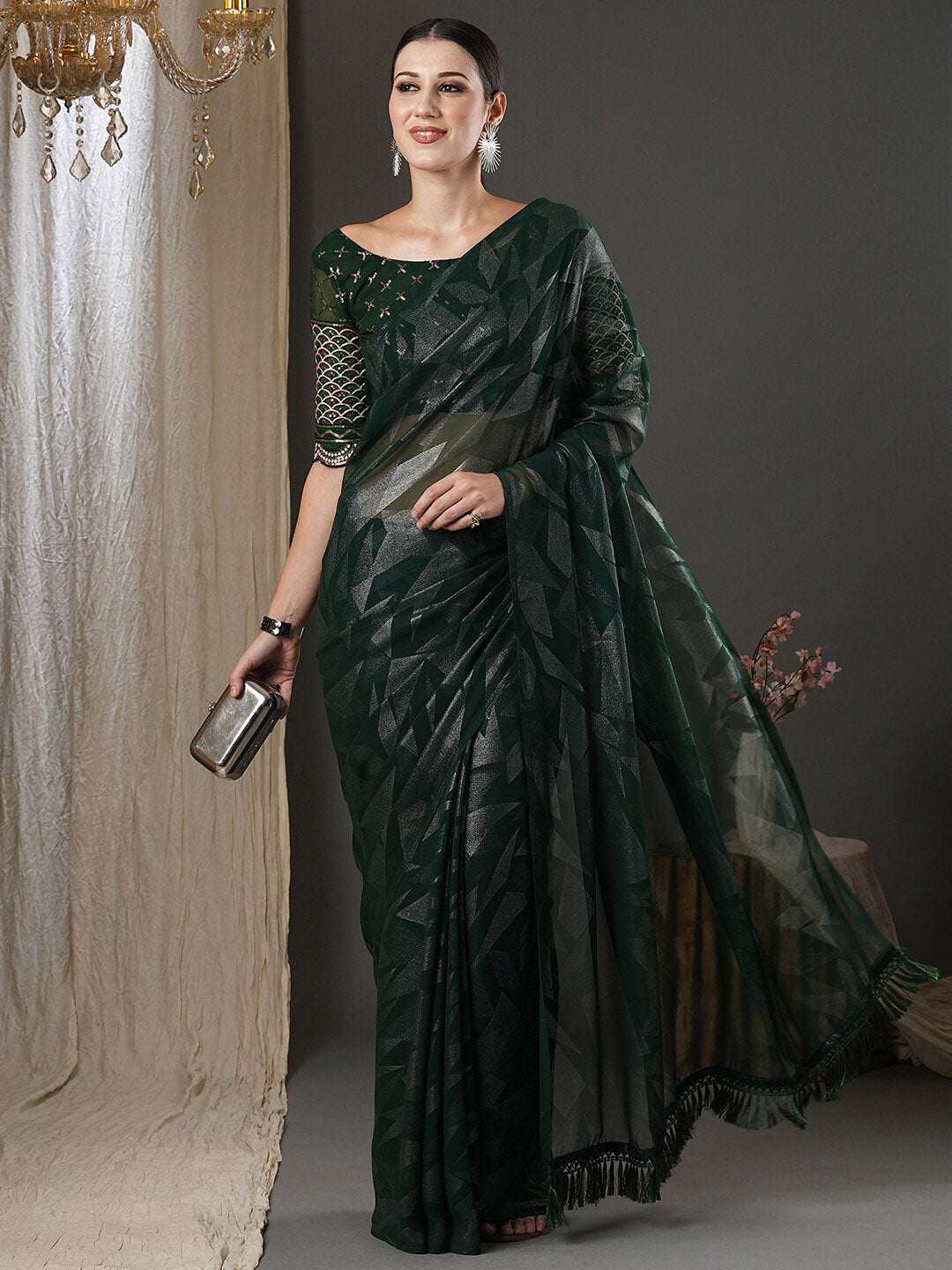 Saree Mall Green Abstract Printed Pure Georgette Saree - Distacart