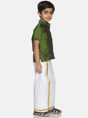 Sethukrishna Olive Green & White Solid Shirt and Veshti For Boys - Distacart