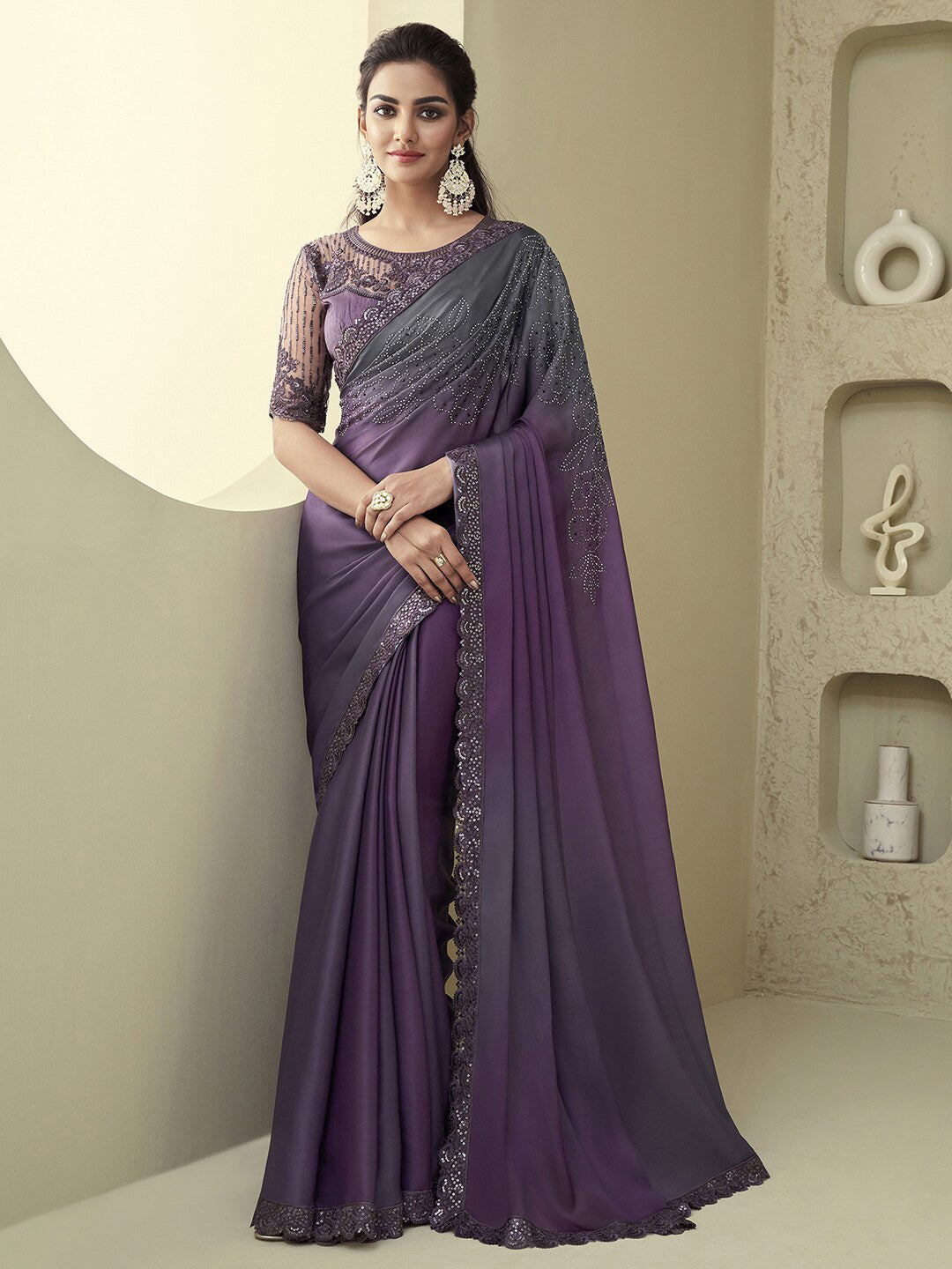 Mitera Violet & Grey Embellished Pure Georgette Saree - Distacart