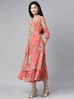 Thumbnail for Souchii Pink & Green Floral Layered A-Line Midi Dress - Distacart