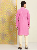 Thumbnail for House of Pataudi Men Pure Cotton Self Striped Embroidered Thread Work Jashn Kurta - Distacart