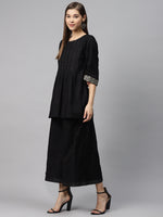 Thumbnail for Biba Women Black & Golden Pleated Yoke Design Kurti with Palazzos & Stoles - Distacart