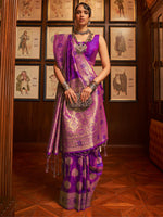 Thumbnail for Mitera Women Purple & Gold-Toned Woven Design Zari Silk Blend Banarasi Saree - Distacart